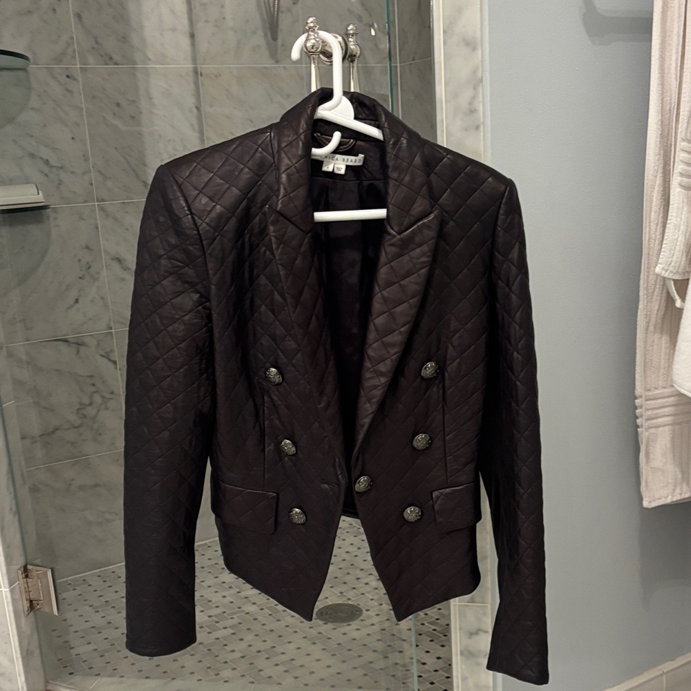 Veronica Beard Black lamb skin leather Dicky Quilted Blazer  size 6